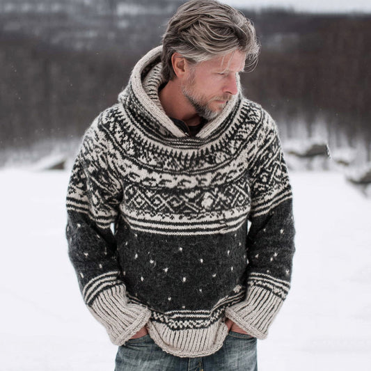 Men's Warmth Scandinavian Knit Jacquard Icelandic Thick Warm Hooded Sweater artswardrobe