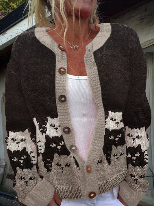 Women's Funny Cat Print Knitted Cardigan artswardrobe