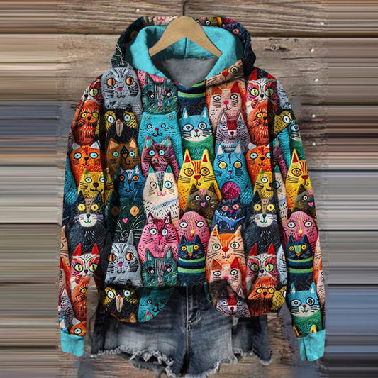 Colorful Cute Cats Embroidered Comfy Hoodie elevenforest