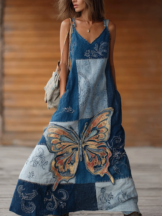 Comstylish Japanese Art Style Butterfly And Plant Flower Pattern Embroidery Women's Cotton And Linen Dress.