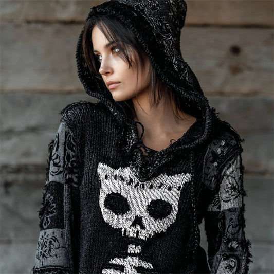 Halloween Cat Skeleton Patchwork Stitched Hooded Cozy Knit Sweater elevenforest