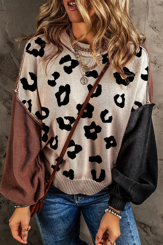 Renata® | Long sleeve crew neck sweater with leopard print