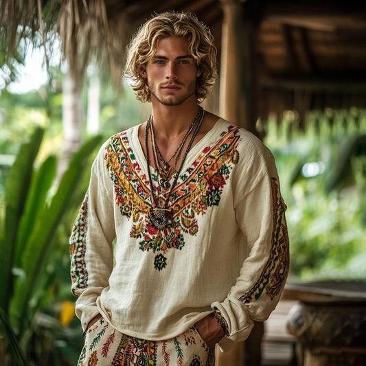 Men's Bohemian Holiday Style Linen Printed Casual Long Sleeve Tops artswardrobe