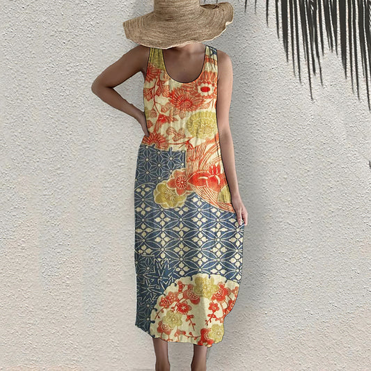Comstylish Japanese Art Flower Print Round Neck Sleeveless Loose Midi Dress