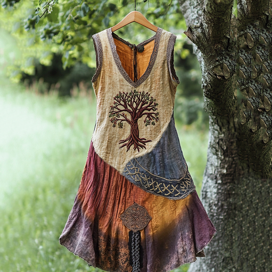 Women's Viking Celtic Knot Art Tree Of Life Patchwork Linen Midi Dress artswardrobe