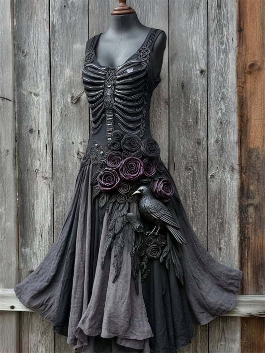 Comstylish Vintage Rib Cage Raven & Roses Flowy Linen Dress