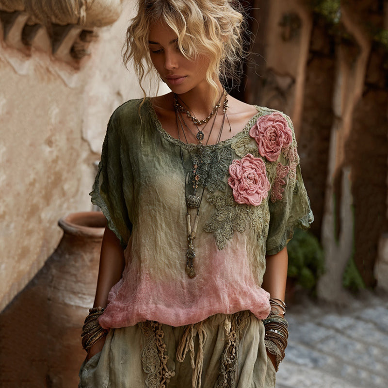 Vintage Pink Rose Art Gradient Pattern Linen T-shirt artswardrobe