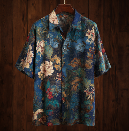Bohemian Style Plant And Flower Pattern Men's Retro Cotton And Linen Shirt artswardrobe