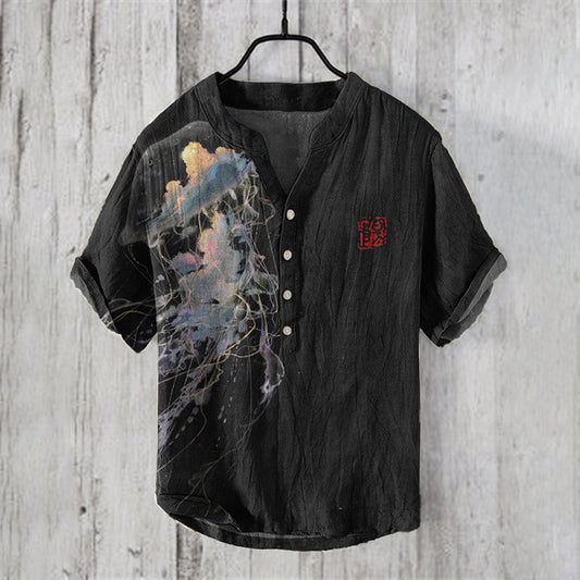 Japanese Jellyfish Art Print Linen V-Neck Shirt