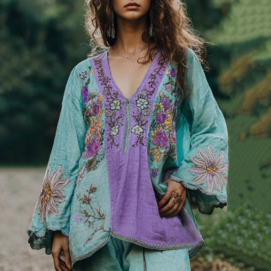 Vintage Floral Embroidery Linen Art V-neck Shirt artswardrobe