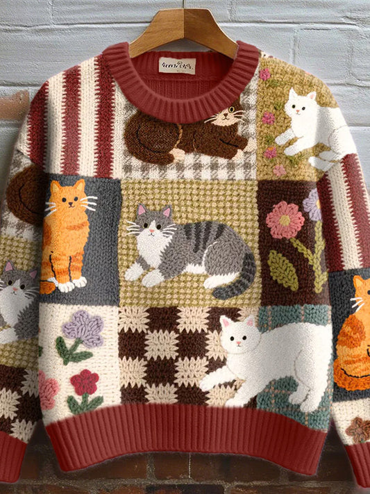 Comstylish Women's Fall Floral Cat Crochet Pattern Cozy Knit Sweater
