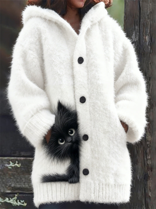 Comstylish Funny Fuzzy Black Cat Peeking Cozy Knit Hooded Cardigan