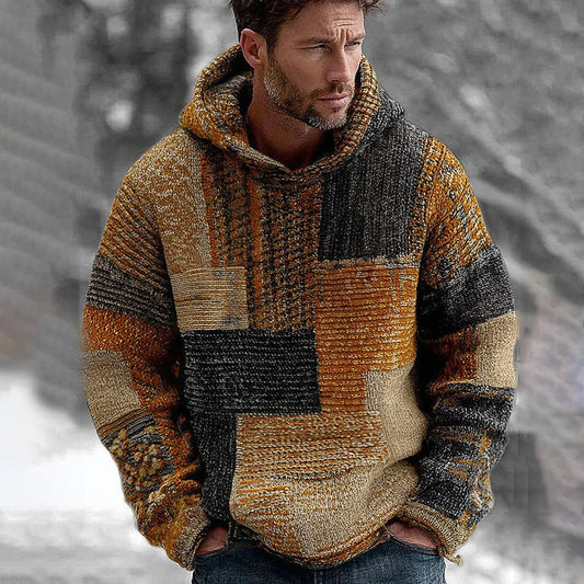 Men's Vintage Sunset Style Colorblock Patchwork Cozy Knit Jacquard Fairman Island Jacquard Thick Warm Hooded Sweater artswardrobe