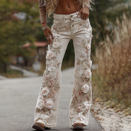 Women's Classic Rose Floral Embroidery Art Loose Jeans artswardrobe