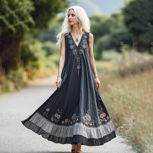 Retro Bohemian Floral Embroidery Art Sleeveless  Cozy Linen Maxi Dress artswardrobe