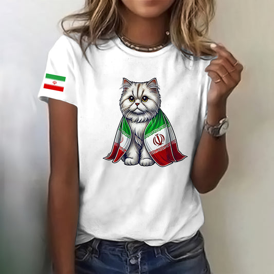 Women's Proud Persian Cat Wrapped In Iranian Flag Short Sleeve T-shirt