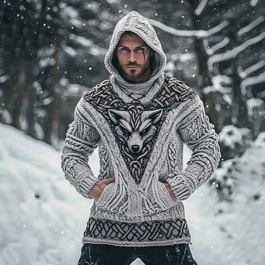 Men's Viking Tribal Wolf Inspired Celtic Chunky Knit Pocket Hooded Sweater elevenforest