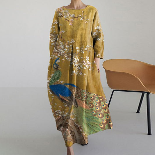 Comstylish Japanese Vintage Floral Peacock Art Long Sleeve Midi Dress