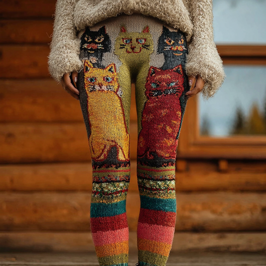 Rainbow Fun Cat Lady's Knitted Tight-fitting Leggings elevenforest