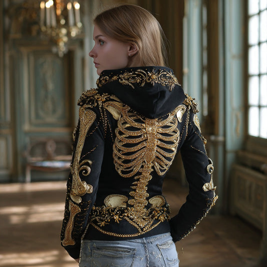 Comstylish Women's Gothic Skull And Floral Embroidered Hoodie