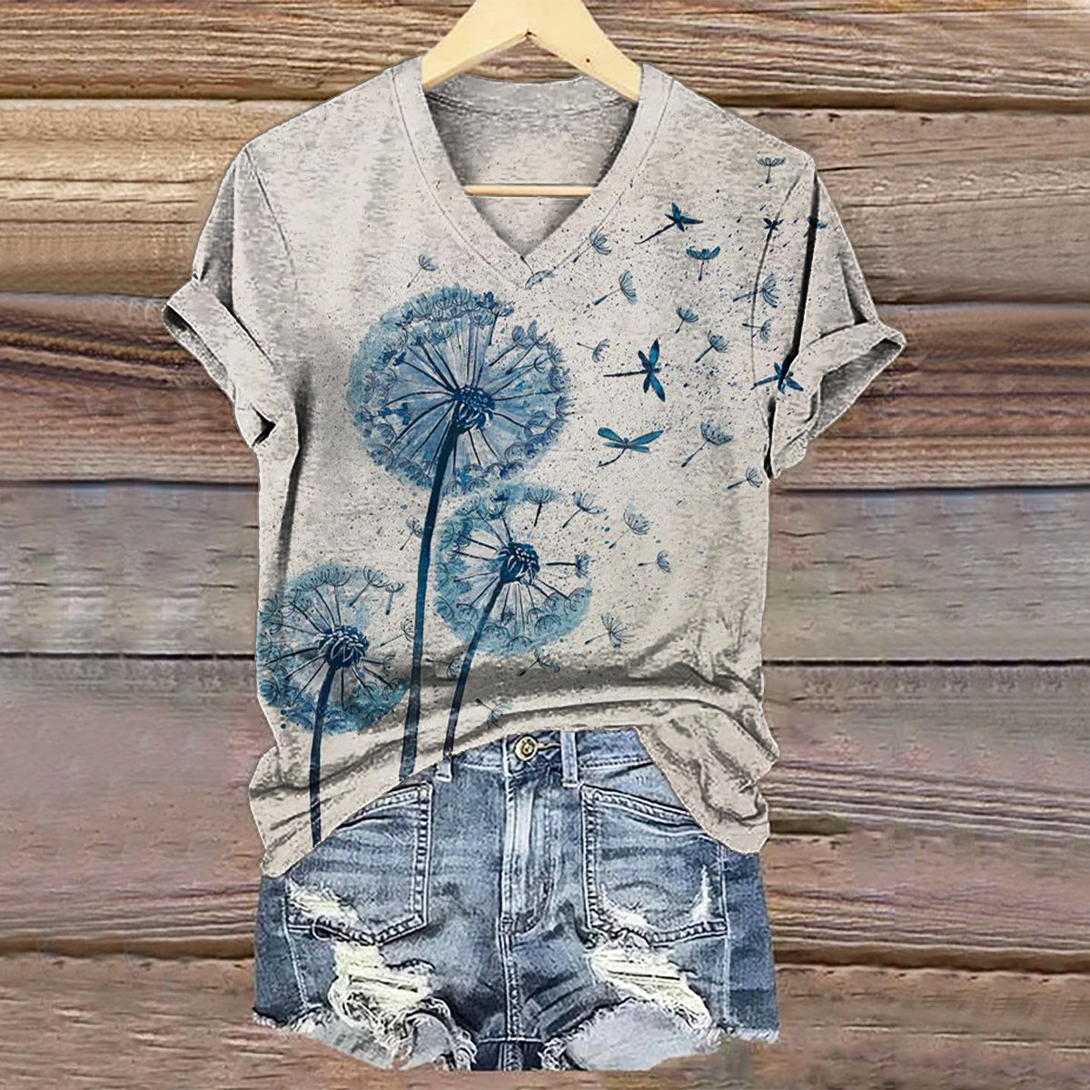 Women's Dancing Dandelions Art Print V-neck Casual T-Shirt