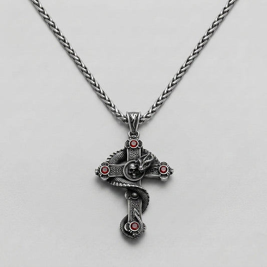 Snake and Skull Cross Necklace with Red Gemstones
