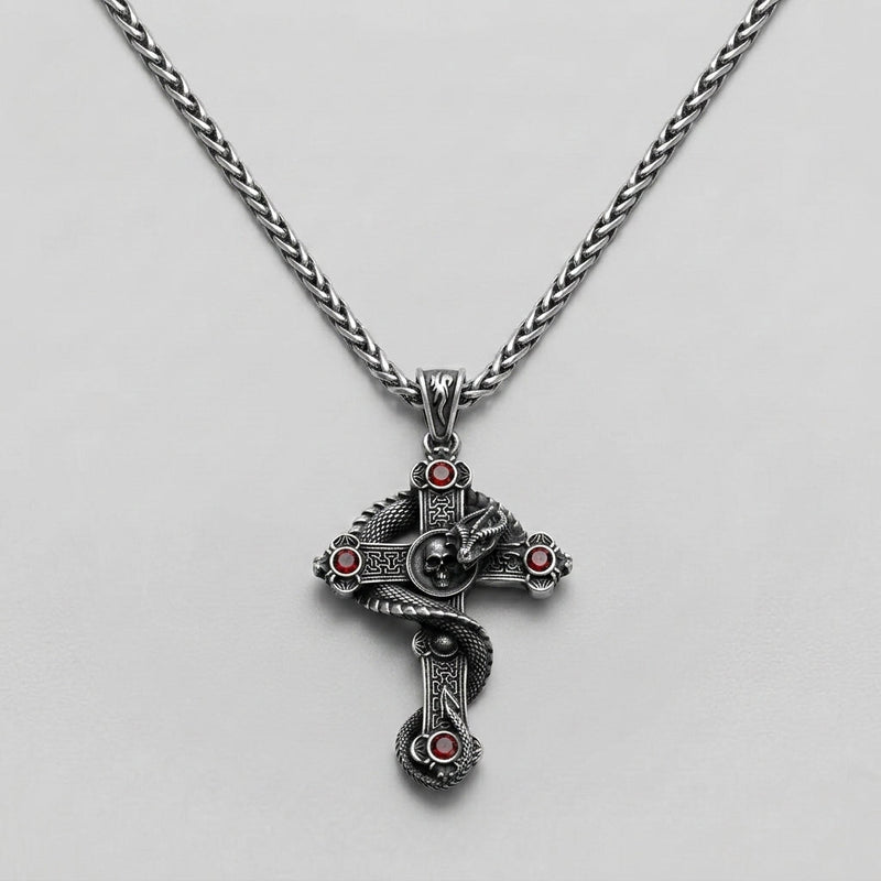 Snake and Skull Cross Necklace with Red Gemstones