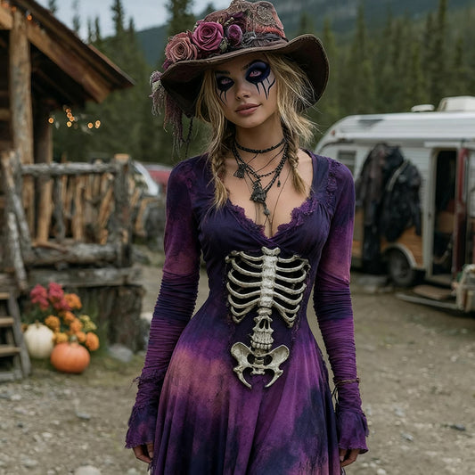 Comstylish Halloween Skeleton Witch Cosplay Midi Dress