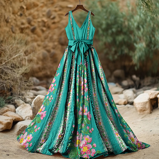 Women's Vintage Floral Art Print Sleeveless Cotton And Linen Dress artswardrobe