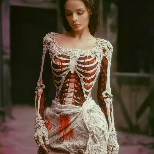 Women's Halloween Skeleton And Blood Stained Round Neck Knitted Dress artswardrobe