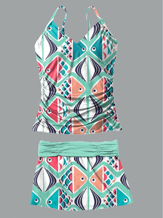 Women's Fish Art Printed Suspender Shirred Swimsuit Set
