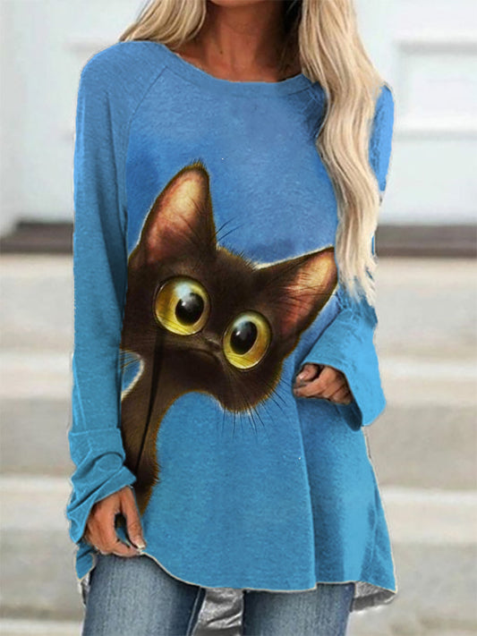 Lovely Peeking Black Cat Print Casual A Line T Shirt elevenforest