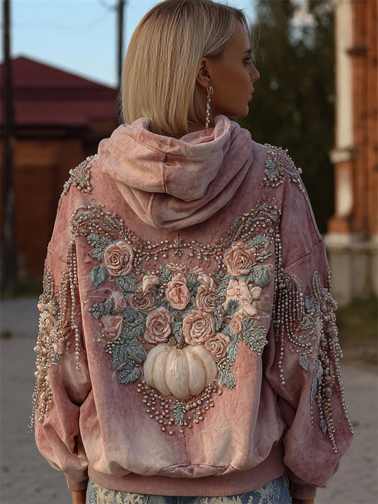 Vintage Thanksgiving Pink Pumpkin Floral Beaded Comfy Hoodie artswardrobe