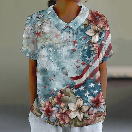 Vintage Independence Day Flag Flower Print Lapel Short Sleeve Blouses artswardrobe