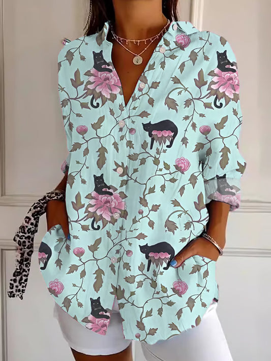 Comstylish Women's Vintage Floral Cat Cotton And Linen Shirt