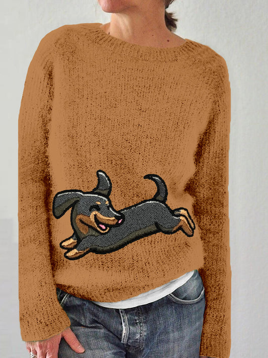 Comstylish Happy Dachshund Embroidered Cozy Knit Sweater