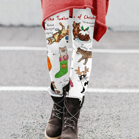 The Twelve Cats Of Christmas Print Casual Casual Leggings elevenforest