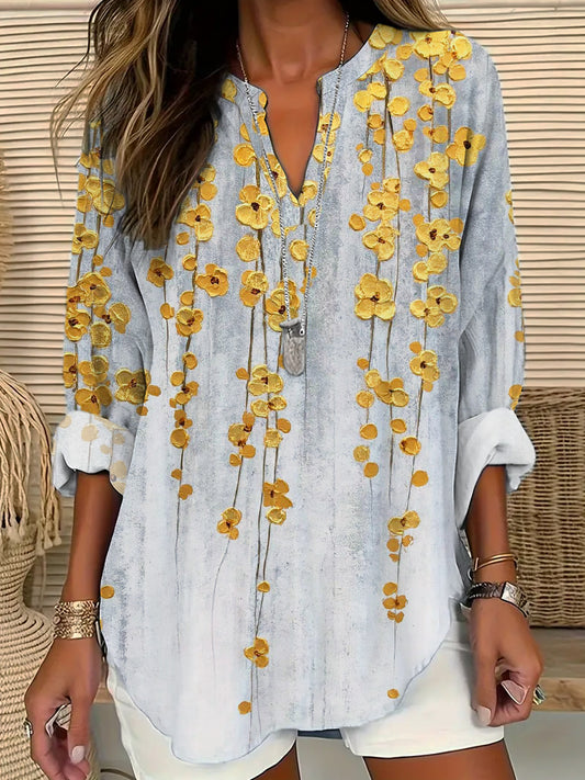 Comstylish Gold Floral Embossed Art Print Linen V-Neck Shirt