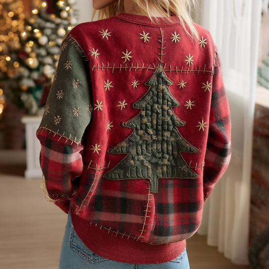 Comstylish Women's Christmas Tree With Plaid Patchwork Art Sweatshirt