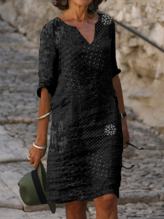 Comstylish Japanese Traditional Sashiko Art Notch Neck Midi Dress