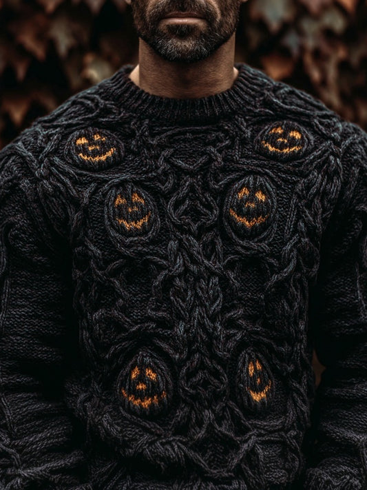 Men's Spooky Pumpkin Face Halloween Chunky Cozy Sweater artswardrobe