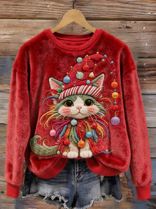 Comstylish Cute Cat Christmas Lights Embroidered Cozy Plush Sweatshirt