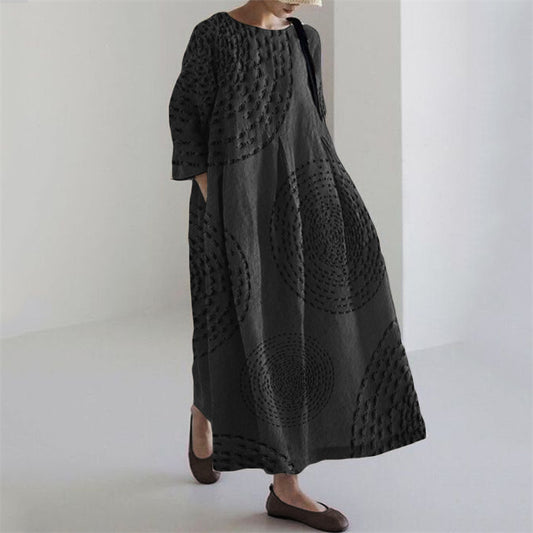 Comstylish Ripples Japanese Sashiko Art Linen Maxi Dress