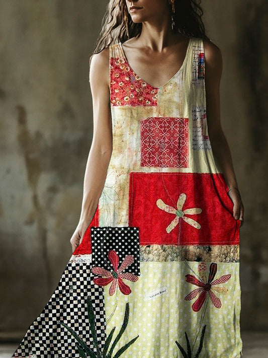 Boho Floral Patchwork Art Vintage Women's Linen Vest Dress artswardrobe