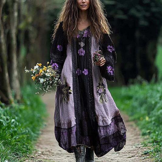 Purple Floral Lace Hem Patchwork Flowy Linen Dress artswardrobe