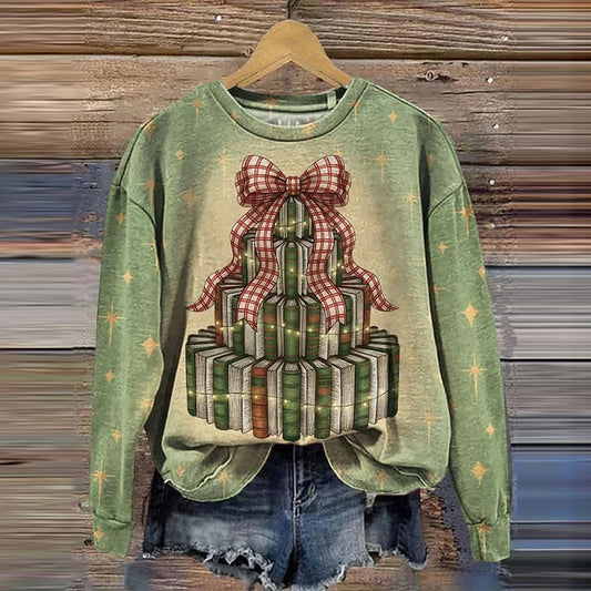 Comstylish Women's Christmas Book Tree Print Crew Neck Sweatshirt