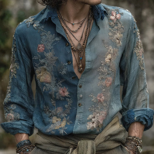 Men's Vintage Bohemian Floral Embroidered Linen Shirt artswardrobe