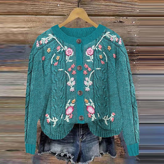 Vintage Floral Embroidery Art Knitted Jacquard Sweater artswardrobe