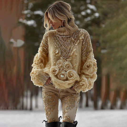 Women's Vintage Yellow Rose Art Knit Cozy High Neck Sweater artswardrobe