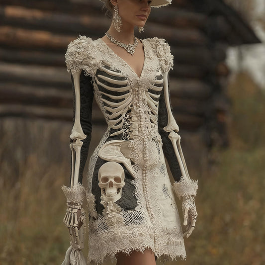 Comstylish Women Halloween Skeleton Skeleton And Flower V-neck Vintage Dress